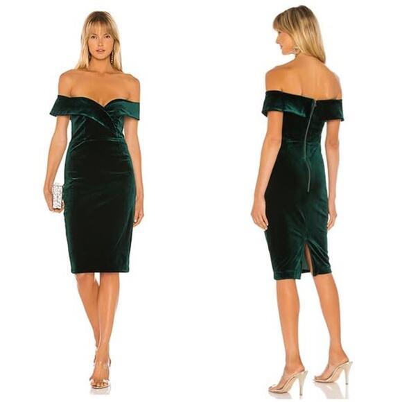 [Bardot] Emerald Green Velvet Off The Shoulder Bella Sheath Midi Dress Small 6 - Picture 1 of 12